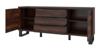 Buffet deux portes, trois tiroirs. Coloris chêne foncé collection MILO. Pieds en métal noir.