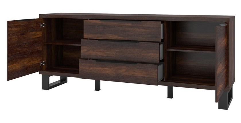 Buffet deux portes, trois tiroirs. Coloris chêne foncé collection MILO. Pieds en métal noir.