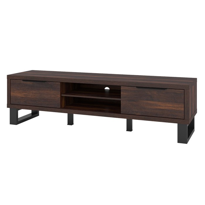 Meuble TV XL 180cm collection MILO. Coloris chêne foncé. Pieds en métal noir.