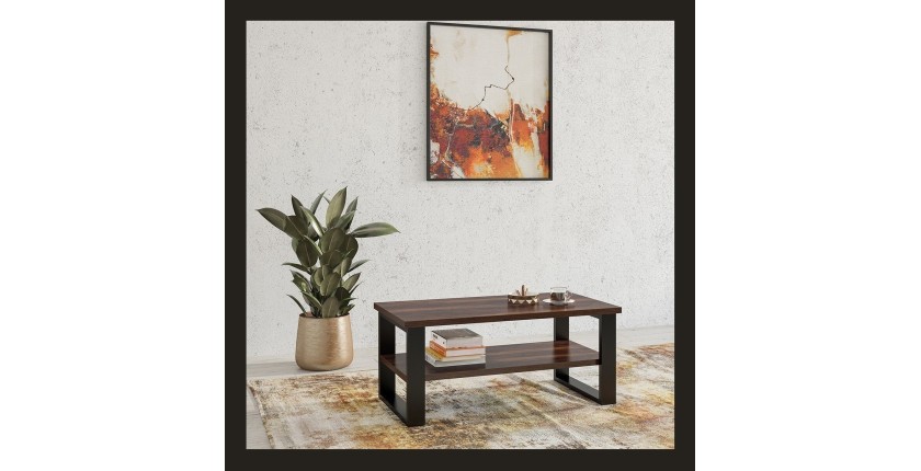 Table basse design collection MILO coloris chêne foncé. Pieds en métal noir.