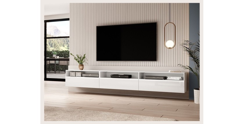 Meuble TV XL 270cm à poser ou à suspendre collection RAMOS. Coloris blanc brillant.