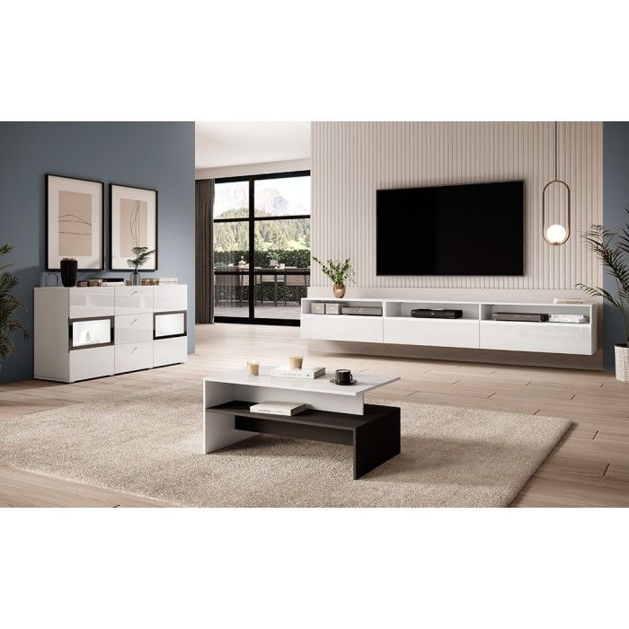 Meuble TV XL 270cm à poser ou à suspendre collection RAMOS. Coloris blanc brillant.
