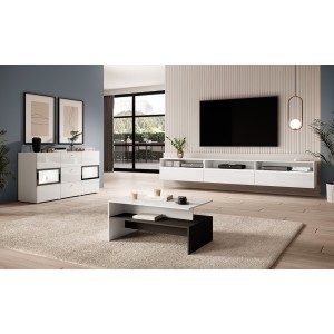 Meuble TV XL 270cm à poser ou à suspendre collection RAMOS. Coloris blanc brillant.