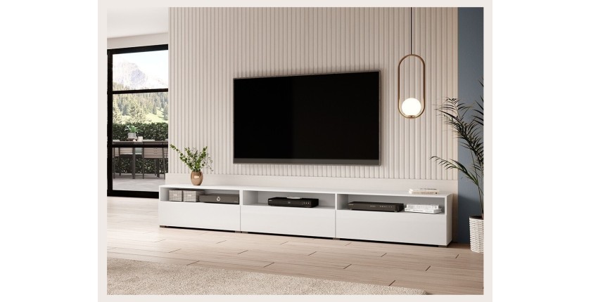 Meuble TV XL 270cm à poser ou à suspendre collection RAMOS. Coloris blanc brillant.