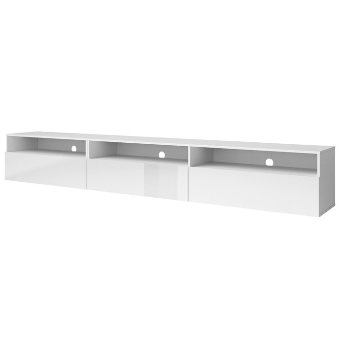 Meuble TV XL 270cm à poser ou à suspendre collection RAMOS. Coloris blanc brillant.