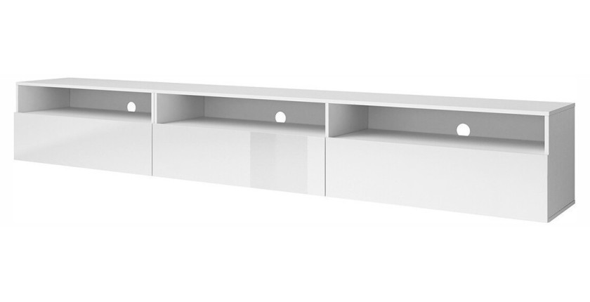 Meuble TV XL 270cm à poser ou à suspendre collection RAMOS. Coloris blanc brillant.
