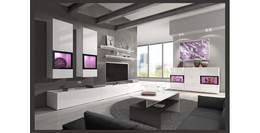 Ensemble meubles de salon design collection RAMOS. Coloris blanc brillant. LED intégrées.