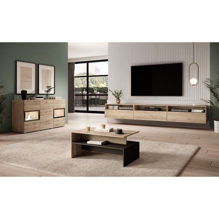 Meuble TV XL 270cm à poser ou à suspendre collection RAMOS. Coloris chêne.
