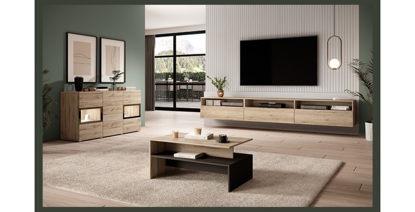 Meuble TV XL 270cm à poser ou à suspendre collection RAMOS. Coloris chêne.