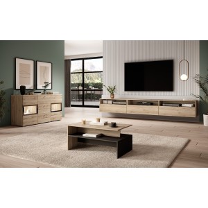 Meuble TV XL 270cm à poser ou à suspendre collection RAMOS. Coloris chêne.