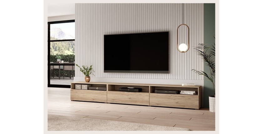 Meuble TV XL 270cm à poser ou à suspendre collection RAMOS. Coloris chêne.