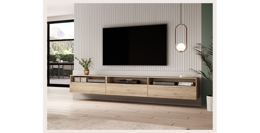 Meuble TV XL 270cm à poser ou à suspendre collection RAMOS. Coloris chêne.