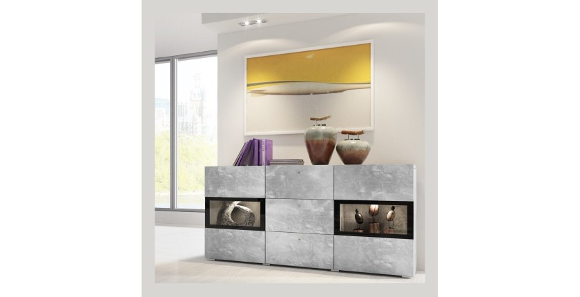 Buffet 2 portes et 3 tiroirs collection RAMOS. Éclairage LED intégré. Coloris gris effet béton et noir.