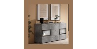 Buffet 2 portes et 3 tiroirs collection RAMOS. Éclairage LED intégré. Coloris gris effet béton et noir.
