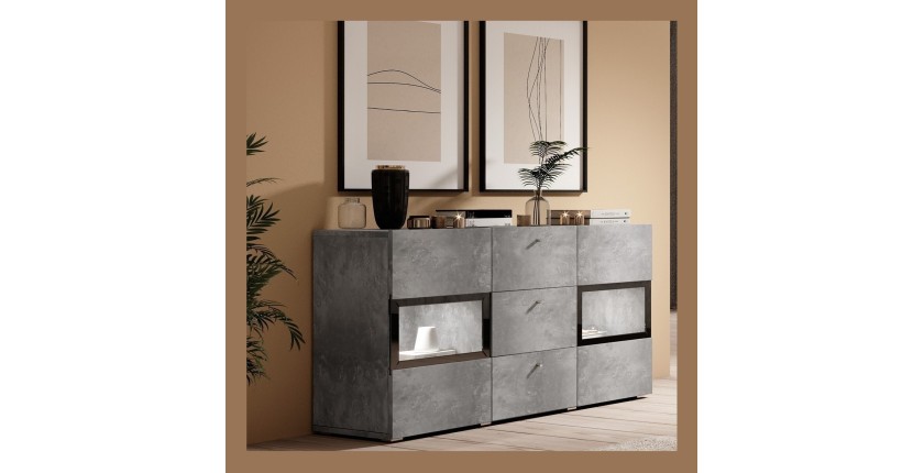 Buffet 2 portes et 3 tiroirs collection RAMOS. Éclairage LED intégré. Coloris gris effet béton et noir.