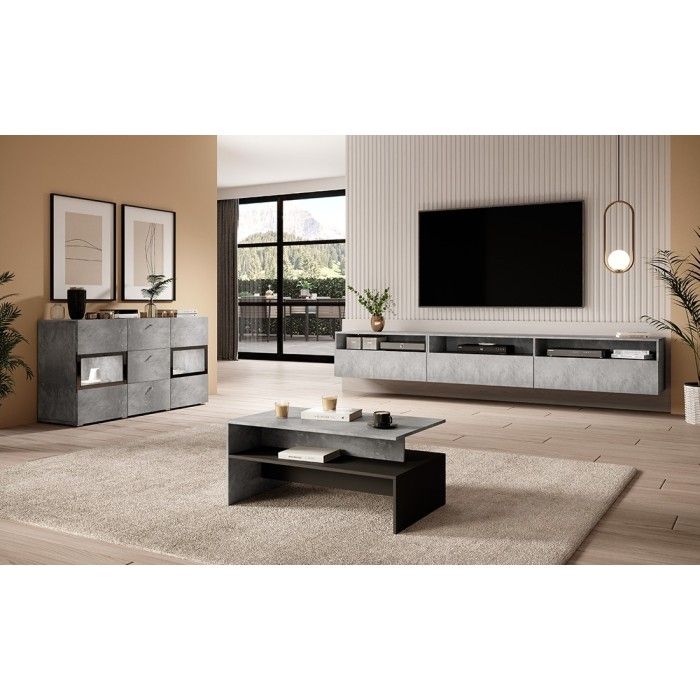 Table basse design collection RAMOS coloris gris effet béton et noir.