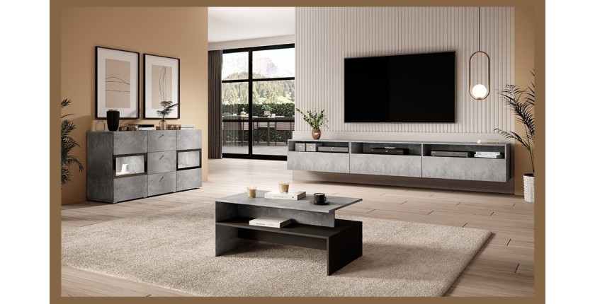 Table basse design collection RAMOS coloris gris effet béton et noir.