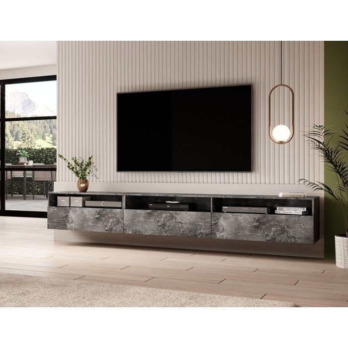 Meuble TV XL 270cm à poser ou à suspendre collection RAMOS. Coloris gris effet ardoise.