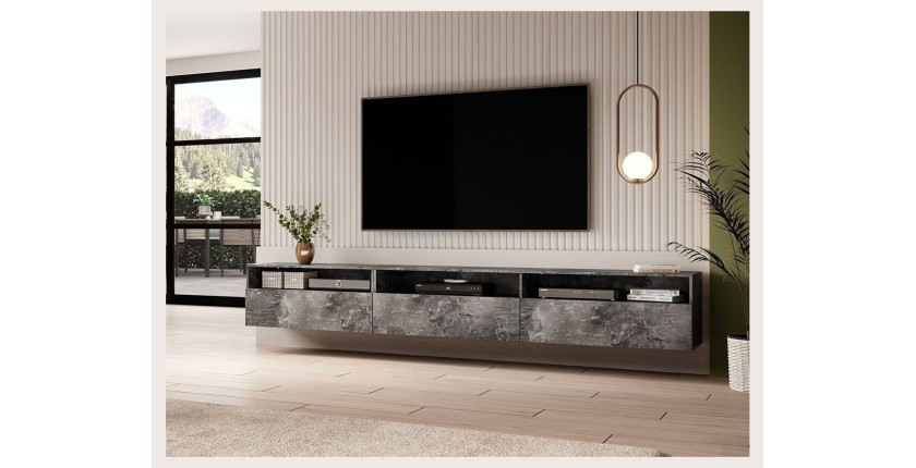 Meuble TV XL 270cm à poser ou à suspendre collection RAMOS. Coloris gris effet ardoise.