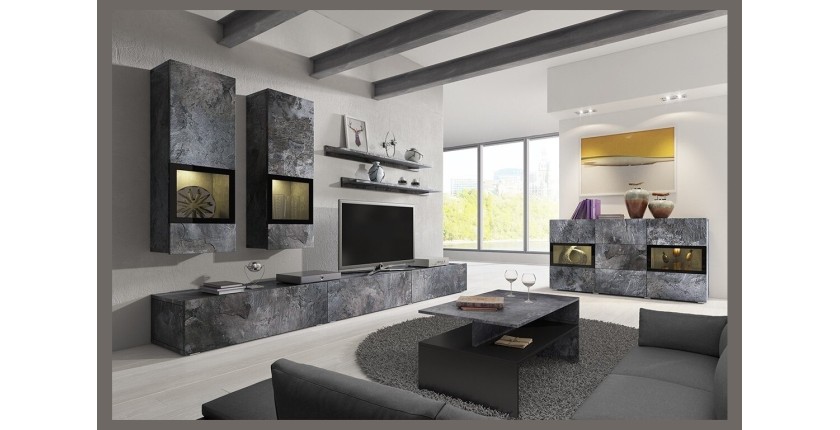 Table basse design collection RAMOS coloris gris effet ardoise et noir.