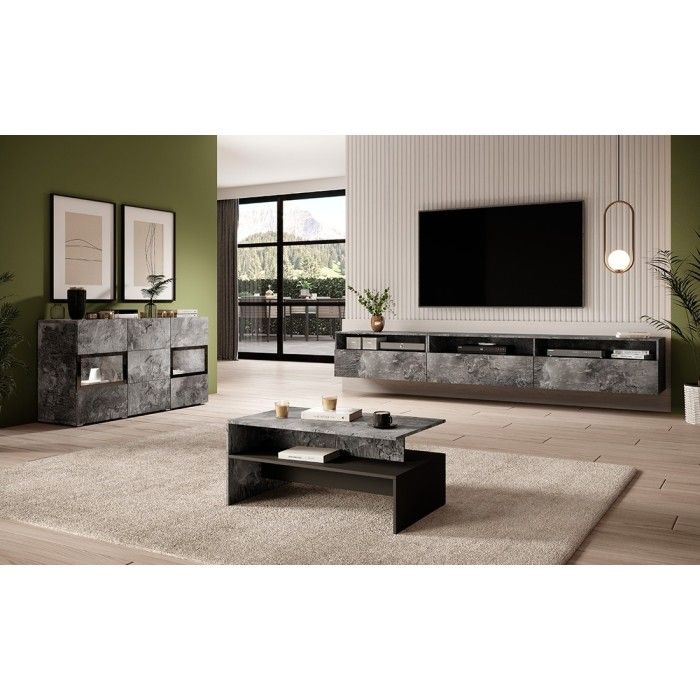 Table basse design collection RAMOS coloris gris effet ardoise et noir.