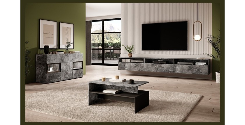 Table basse design collection RAMOS coloris gris effet ardoise et noir.