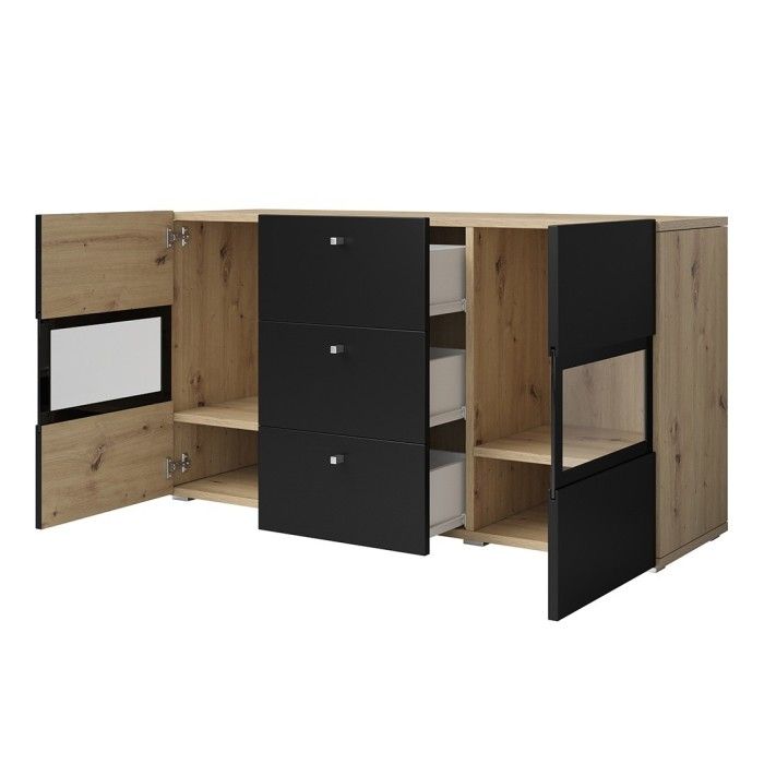 Buffet 2 portes et 3 tiroirs collection RAMOS. Éclairage LED intégré. Coloris chêne et noir super mat.