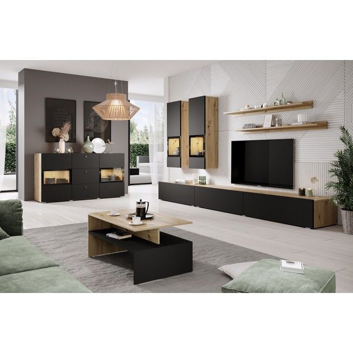 Table basse design collection RAMOS coloris chêne et noir super mat.