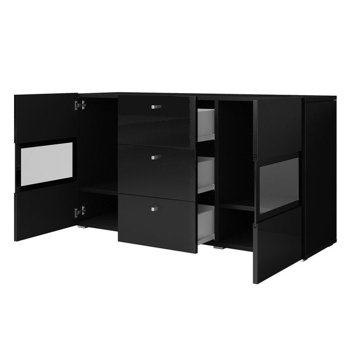 Buffet 2 portes et 3 tiroirs collection RAMOS. Éclairage LED intégré. Coloris noir brillant.