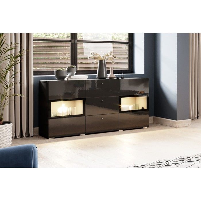 Buffet 2 portes et 3 tiroirs collection RAMOS. Éclairage LED intégré. Coloris noir brillant.