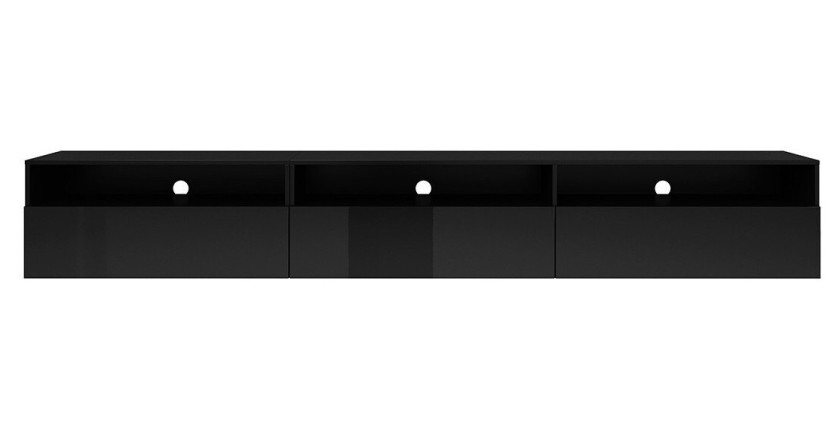 Meuble TV RAMOS noir brillant 270 cm – 3 portes abattantes et 3 niches – Design moderne