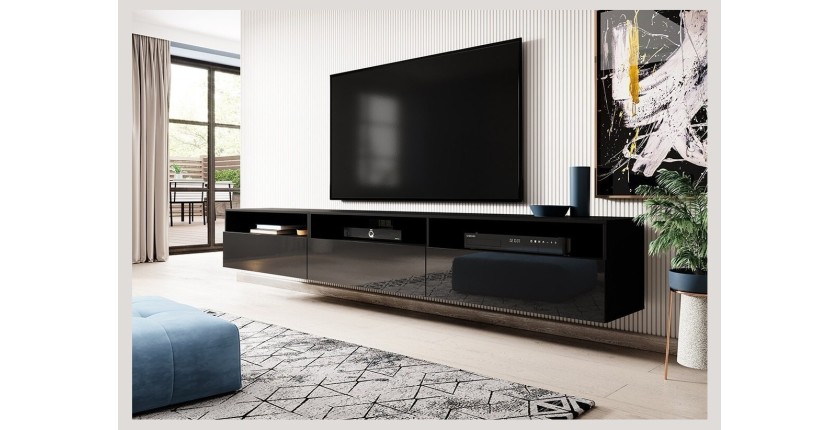 Meuble TV RAMOS noir brillant 270 cm – 3 portes abattantes et 3 niches – Design moderne