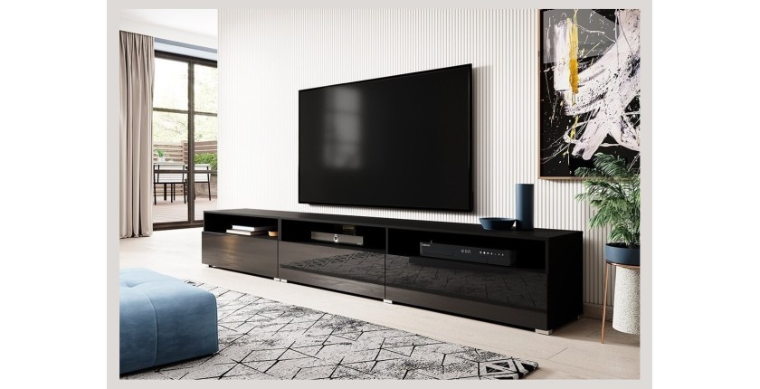 Meuble TV RAMOS noir brillant 270 cm – 3 portes abattantes et 3 niches – Design moderne