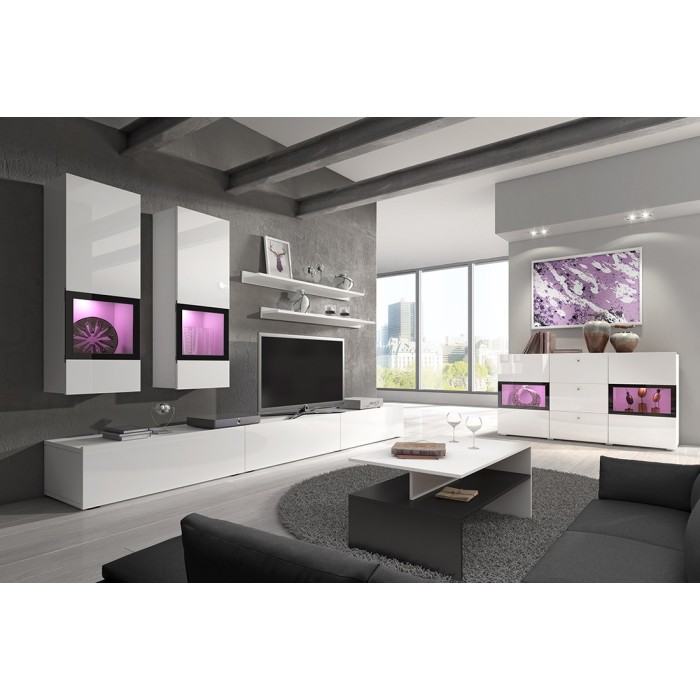 Ensemble de 7 meubles de salon collection RAMOS. Couleur blanc brillant.