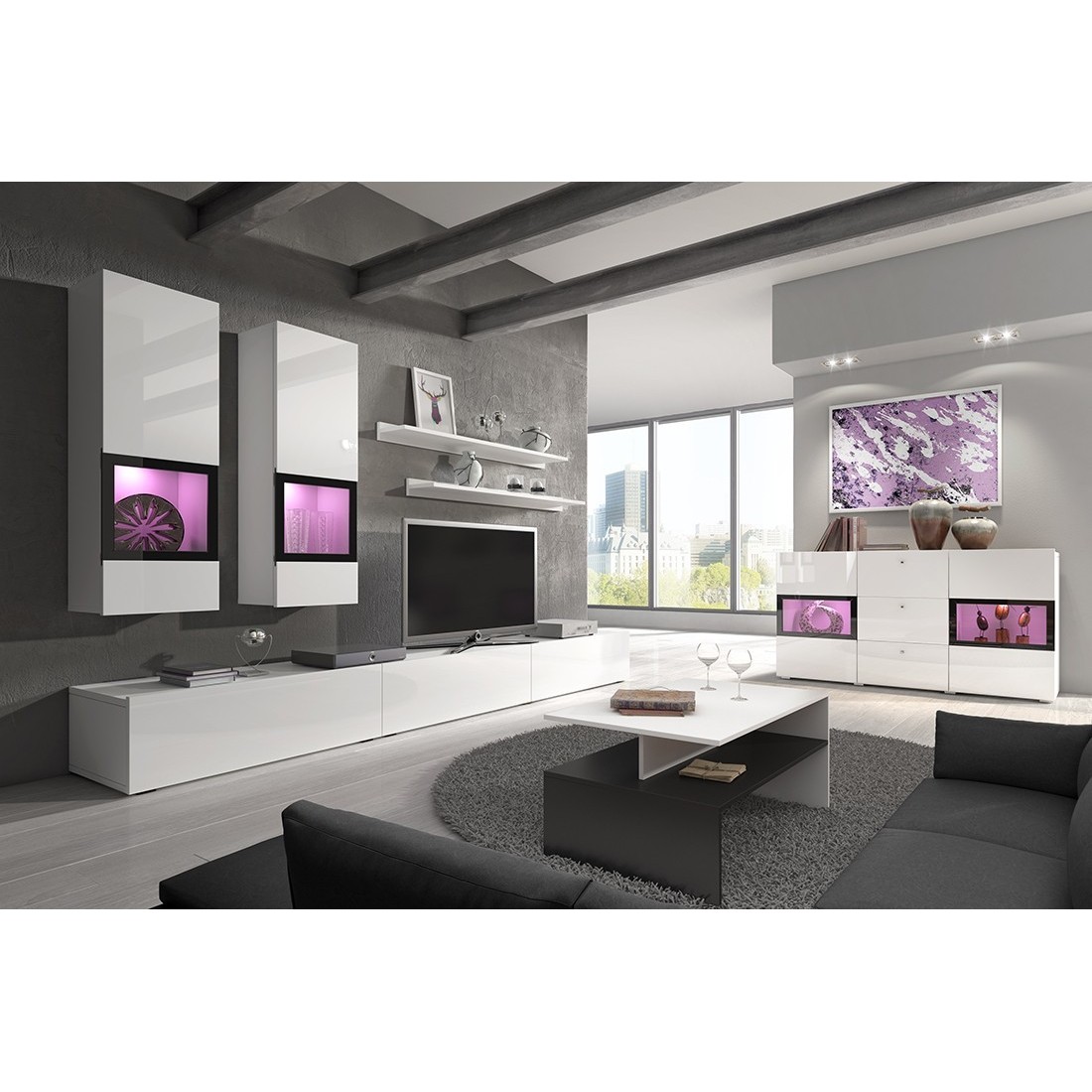 Ensemble de 7 meubles de salon collection RAMOS. Couleur blanc brillant.