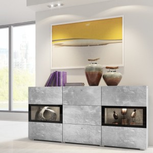 Ensemble de 7 meubles de salon collection RAMOS. Couleur gris effet béton et noir.