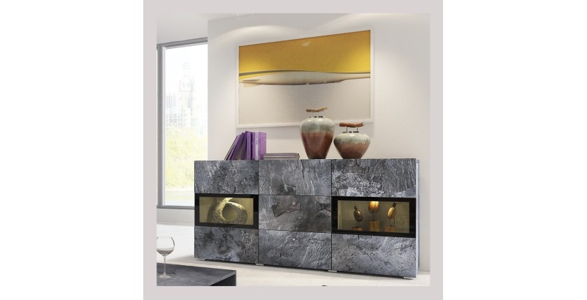 Ensemble de 7 meubles de salon collection RAMOS. Couleur gris effet ardoise et noir.