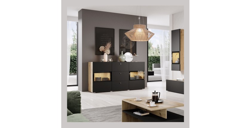 Ensemble de 7 meubles de salon collection RAMOS. Chêne et noir super mat.
