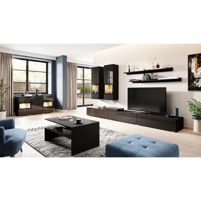 Ensemble de 7 meubles de salon collection RAMOS. Coloris noir brillant