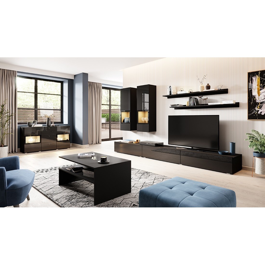 Ensemble de 7 meubles de salon collection RAMOS. Coloris noir brillant