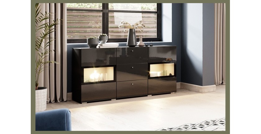 Ensemble de 7 meubles de salon collection RAMOS. Coloris noir brillant