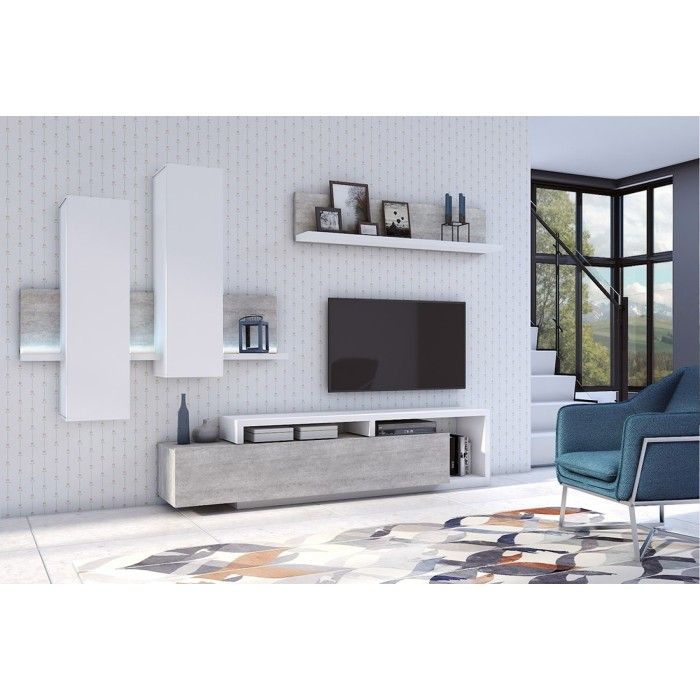 Ensemble meubles de salon avec LED collection BERGAME. Coloris blanc et gris béton.