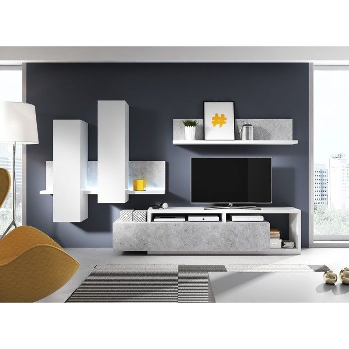 Ensemble meubles de salon avec LED collection BERGAME. Coloris blanc et gris béton.
