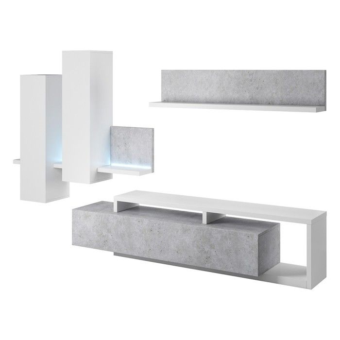 Ensemble meubles de salon avec LED collection BERGAME. Coloris blanc et gris béton.