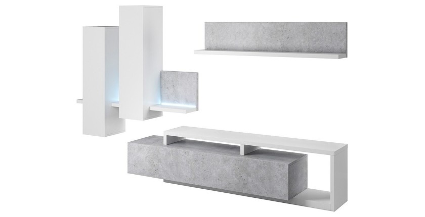 Ensemble meubles de salon avec LED collection BERGAME. Coloris blanc et gris béton.
