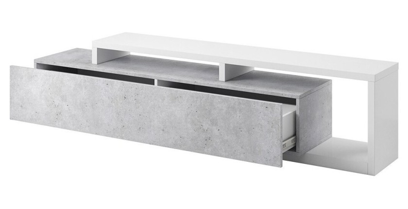 Meuble TV 220cm collection BERGAME. Coloris blanc et gris béton.