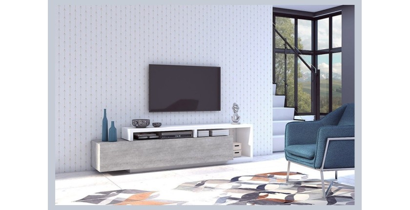 Meuble TV 220cm collection BERGAME. Coloris blanc et gris béton.