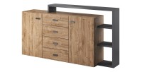 Buffet avec étagère intégrée collection BERGAME 180cm. Coloris chêne et gris.