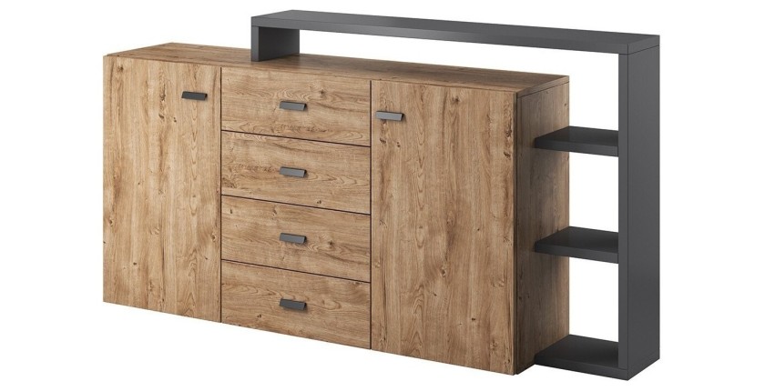 Buffet avec étagère intégrée collection BERGAME 180cm. Coloris chêne et gris.