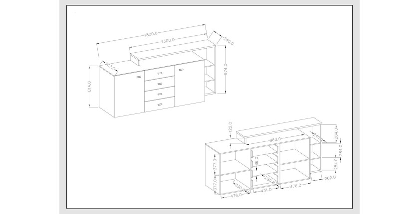 Buffet avec étagère intégrée collection BERGAME 180cm. Coloris chêne et gris.